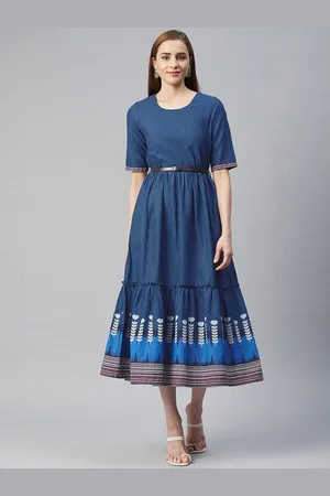 Rangriti Navy Blue Floral Cotton Ethnic A-Line Midi Dress