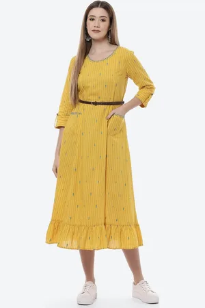 Rangriti Mustard Yellow Ethnic Motifs Ethnic Midi Dress