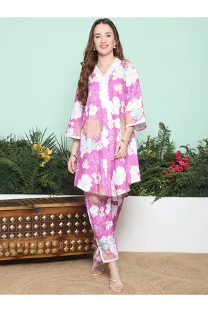 Bhama Couture Floral Printed Pure Cotton Flared Sleeves A-Line Kurta With Trousers