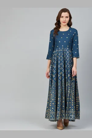 Rangriti Women Navy Blue & Golden Printed Maxi Dress