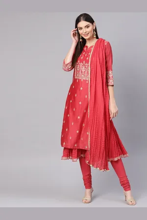 Biba Women Coral Red Embroidered Layered Kurta with Churidar & Dupatta