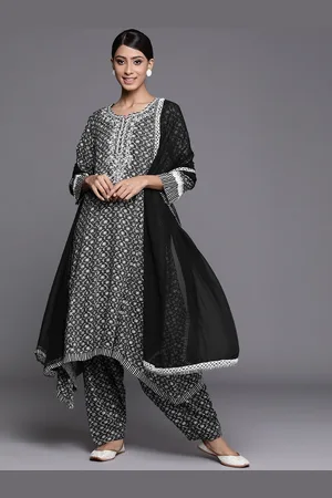 Biba Women Black & White Ethnic Motifs Printed Regular Kurta with Salwar & Dupatta