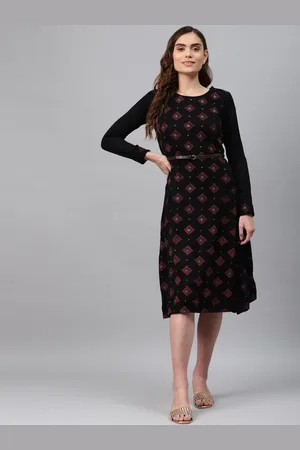 Rangriti Black & Maroon Ethnic Motifs Printed A-Line Dress