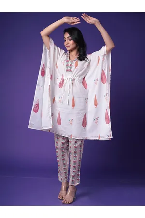 ZARI V-Neck Pure Cotton Paisley Printed Kaftan Kurta With Trouser