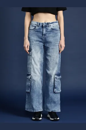 Mast & Harbour Women Wide Leg High-Rise Heavy Fade Cargo Stretchable Jeans