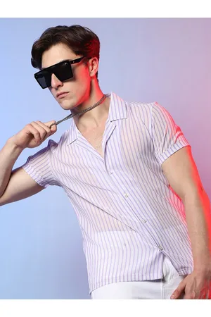Campus Spread Collar Short Sleeves Semi Sheer Classic Striped Casual Shirt