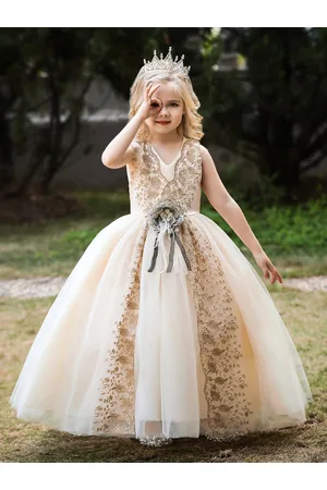 Stylecast Girls Champagne Floral Print Applique Maxi Dress