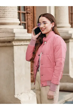 Campus Women Pink Solid Windcheater Bomber Jacket