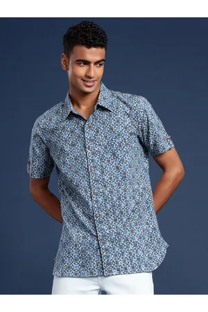 Taavi Men Comfort Organic Indigo Hand Block Geometric Printed Pure Cotton Casual Shirt