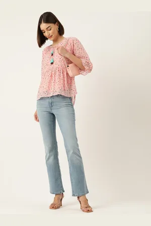 DressBerry Floral Print Tie-Up Neck Bishop Sleeves Chiffon Peplum Top