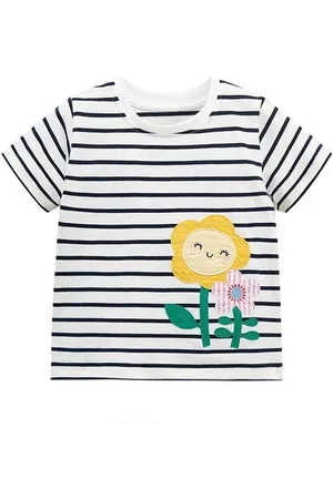 Stylecast Girls White Cotton Floral Striped Regular Fit Round Neck T-shirt