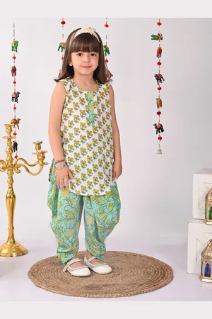 Sangria Girls White and Green Floral Printed Pure Cotton Kurti With Dhoti Pants