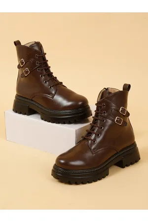 VALIOSAA Women Mid Top Platform Heeled Monk Straps Boots With Buckle Detail