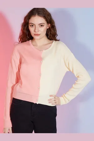 DressBerry Peach-Coloured Colourblocked Acrylic Cardigan Sweater