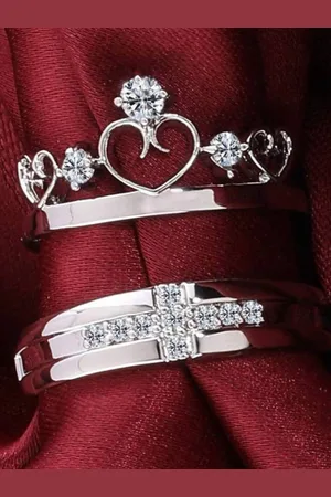 Asmitta Jewellery Set of 2 Rhodium-Plated Cubic Zirconia-Studded Finger Rings