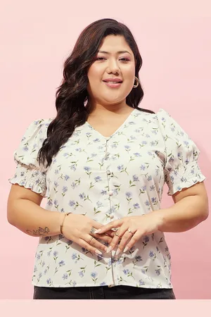 Berrylush Plus Size White Floral Printed Puff Sleeve Top