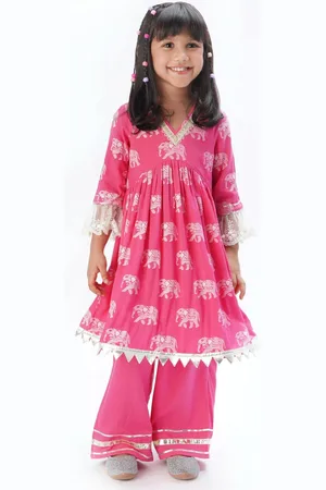 LIL DRAMA Girls V-Neck elepant Printed Empire Kurta with Trousers