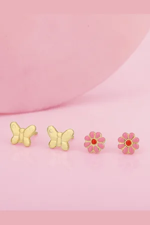 Carlton London Girls Set of 2 Gold-Plated Floral Studs Earrings