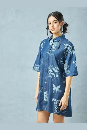 Bewakoof Typography Printed Shirt Collar Denim Cotton Oversized Mini Shirt Dress