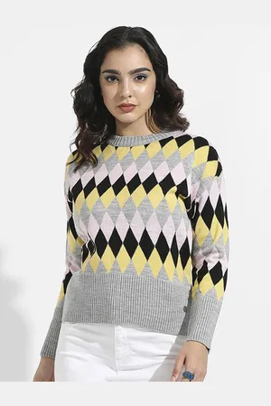 Campus Women Grey & Yellow Printed Pullover
