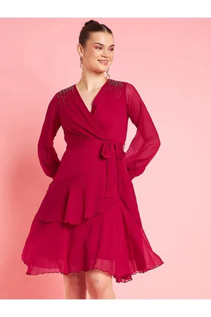 Antheaa Embellished Bell Sleeve Layered Chiffon Fit & Flare Party Dress