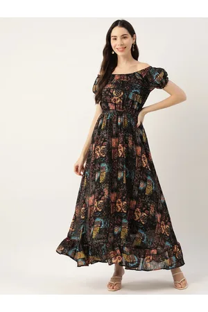 DressBerry Black Floral Printed Off-Shoulder Puff Sleeve Gathered Georgette Maxi Dress