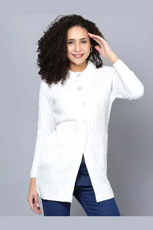 Chemistry Cable Knit Self Design Embroidered Woollen Longline Cardigan Sweater