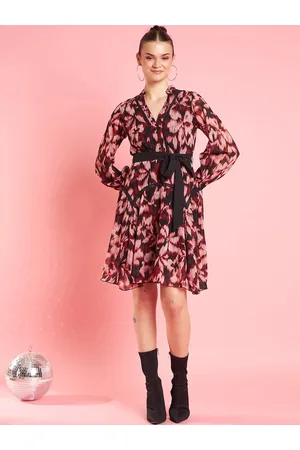 Antheaa Peach Coloured Animal Printed Flared Sleeve A-Line Opaque Party Dress