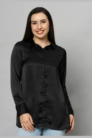 Chemistry Original Spread Collar Long Sleeves Satin Longline High-Low Casual Shirt