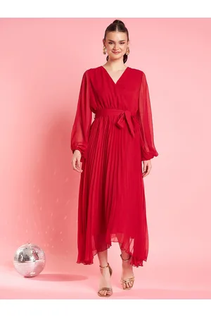 Antheaa Red V-Neck Bishop Sleeves Maxi Opaque Party Dress