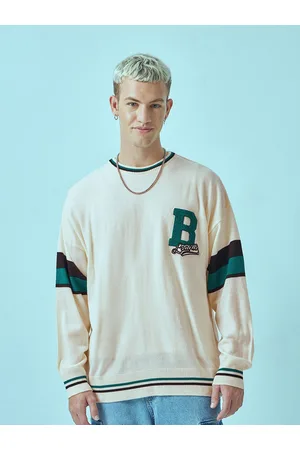 Bewakoof Gardenia B League Printed & Embroidered Ribbed Super Loose Fit Acrylic Pullover