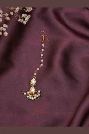 Ruby Raang Girls Gold-Plated Kundan Studded & Beads Beaded Maang Tikka