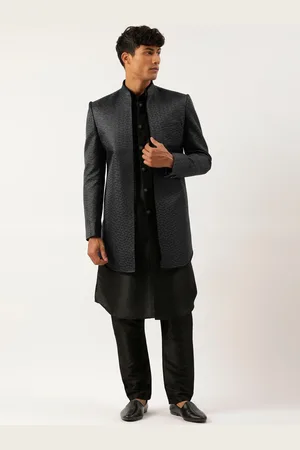 TheEthnic.Co Mandarin Collar Jacquard Sherwani With Trousers & Printed Coat