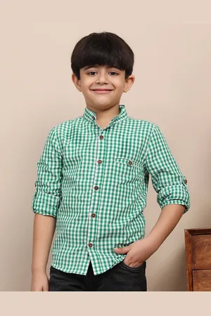 Biglilpeople Boys Tartan Checked Mandarin Collar Cotton Casual Shirt