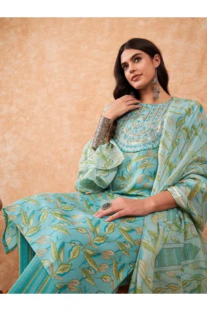Indo Era Women Floral Embroidered Sequinned Pure Cotton Kurta with Trousers & With Dupatta