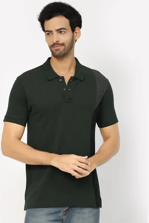 Kalt Men Green Polo Collar Pockets Short Sleeves Cotton T-shirt