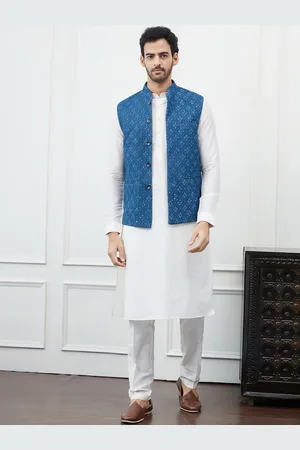 See Designs Mandarin Collar Pure Cotton Kurta with Pyjama & Woven Design Nehru jacket