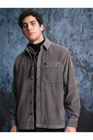 LocoMotive Men Grey Corduroy Solid Utility Pocket Overshirt