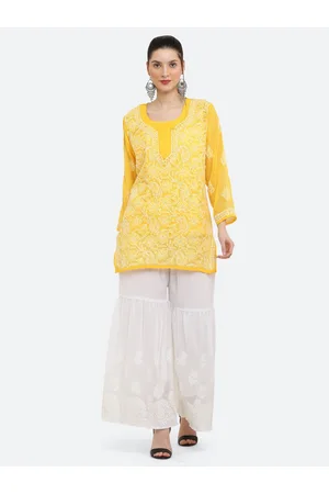 FAWOMENT Women Yellow Floral Embroidered Chikankari Kurta Set with Sharara