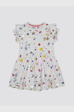 Mothercare Girls Conversational Printed Flutter Sleeves Gathered Fit & Flare Dress
