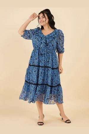 Antheaa Plus Size Floral Puff Sleeve V-Neck Tiered Casual Fit & Flare Midi Dress