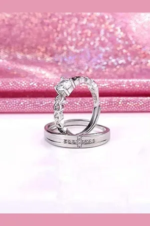 Asmitta Jewellery Set of 2 Rhodium-Plated Cubic Zirconia-Studded Finger Rings