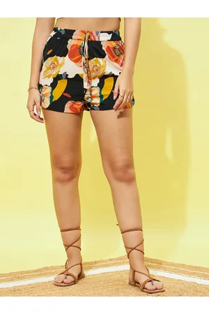 Berrylush Women Black & Yellow Floral Printed High-Rise Shorts