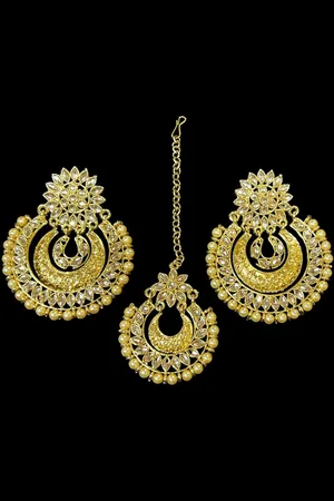 Krelin Kundan-studded & Beaded Earring & Maang Tikka Antique Jewellery Set