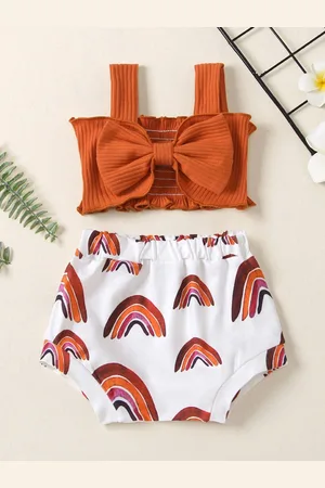 Stylecast Infant Girls Brown & White Shoulder Straps Pure Cotton Top with Shorts
