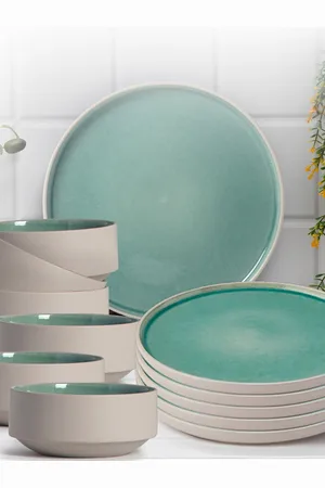 Anko Green & Beige 12 Pieces Stoneware Glossy Dinner Set