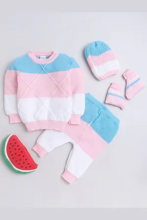 Little Angels Infants Set Of 4 Self-Design Sweater & Trousers With Socks & Cap
