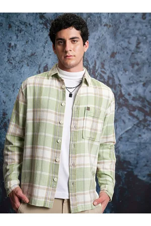 LocoMotive Men Off White/Green Dobby Textured Checked Overshirt