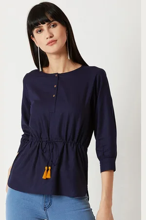 Miss Chase Women Navy Blue Solid Cinched Waist Top