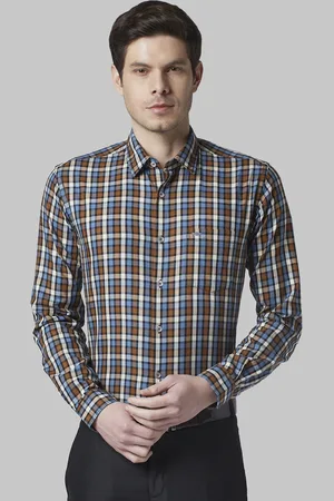 Park Avenue Men Brown & Blue Slim Fit Checked Casual Shirt